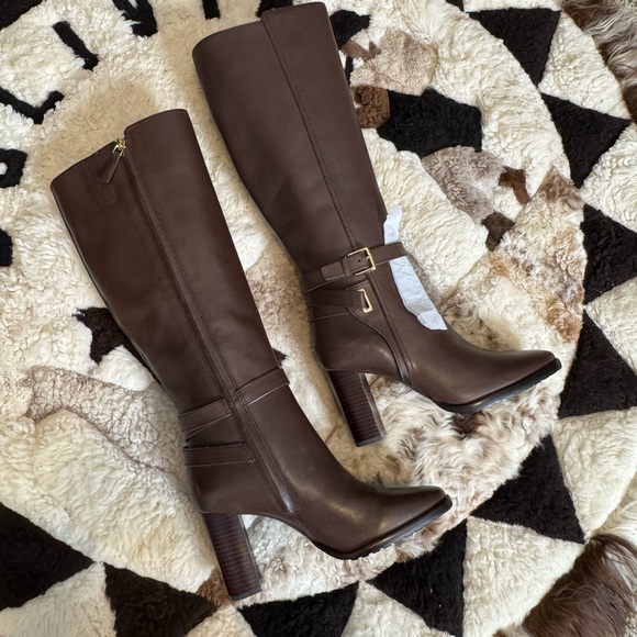 Ralph Lauren Elegant Brown Knee-High Manchester Buckled Dress Boots - Picture 1 of 8
